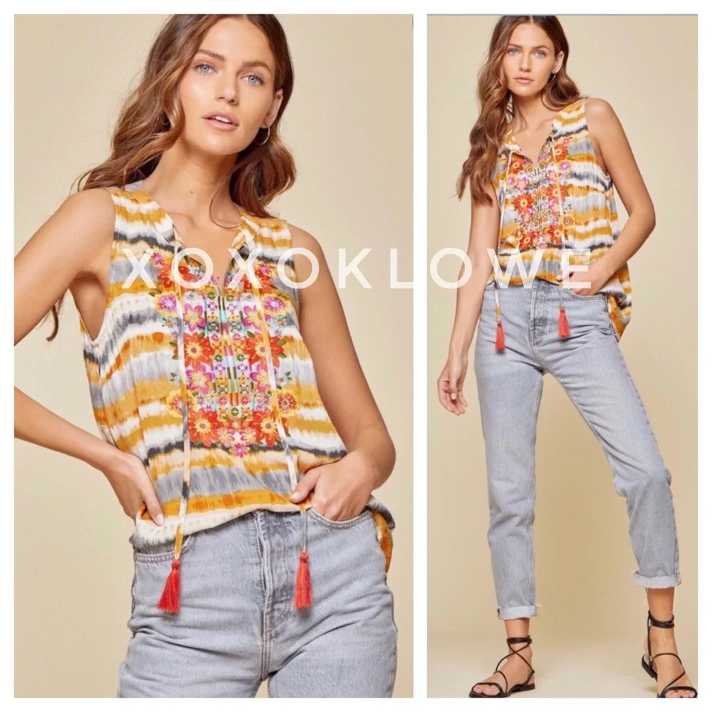 Savanna Jane Yellow & Cream Dip Dyed Embroidered Split Neck Top - Picture 3 of 12